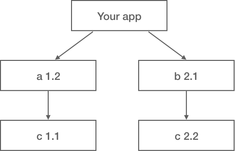 Dependency diagram in which your app depends on a 1.2 and b 2.1. Library a depends on c 1.1 and library b con c 2.2