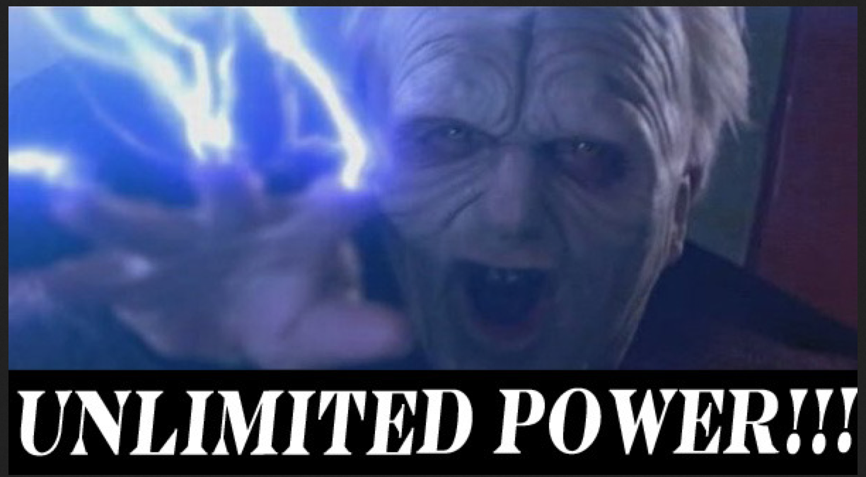 Lord Sidious bolting a Force thunder subtitled 'unlimited power'
